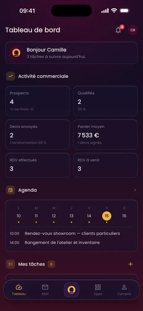 Tableau de bord de l’application Orizen