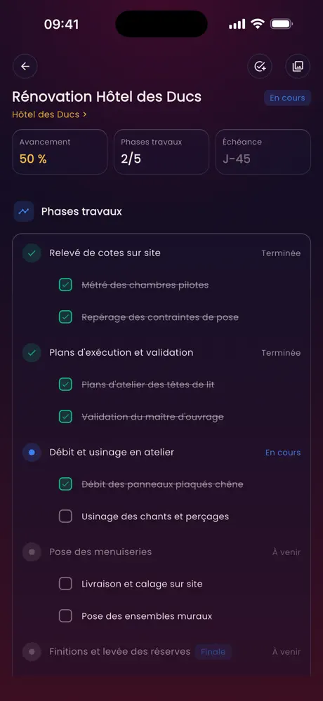 Phases d’un chantier dans l’application