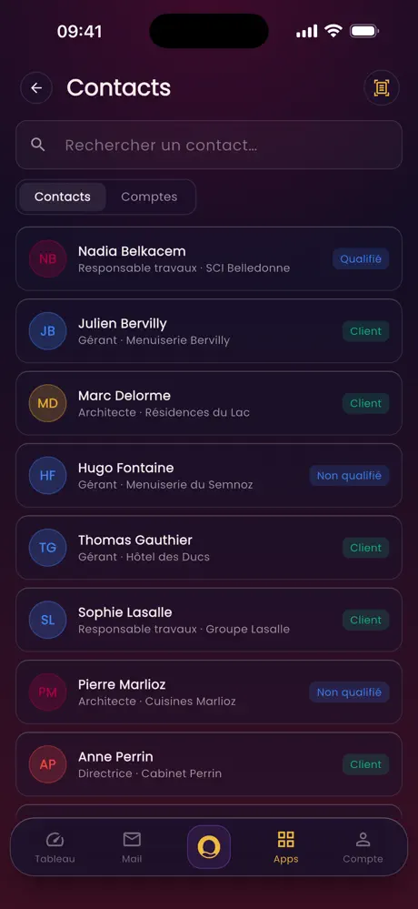 Écran Contacts de l’application Orizen