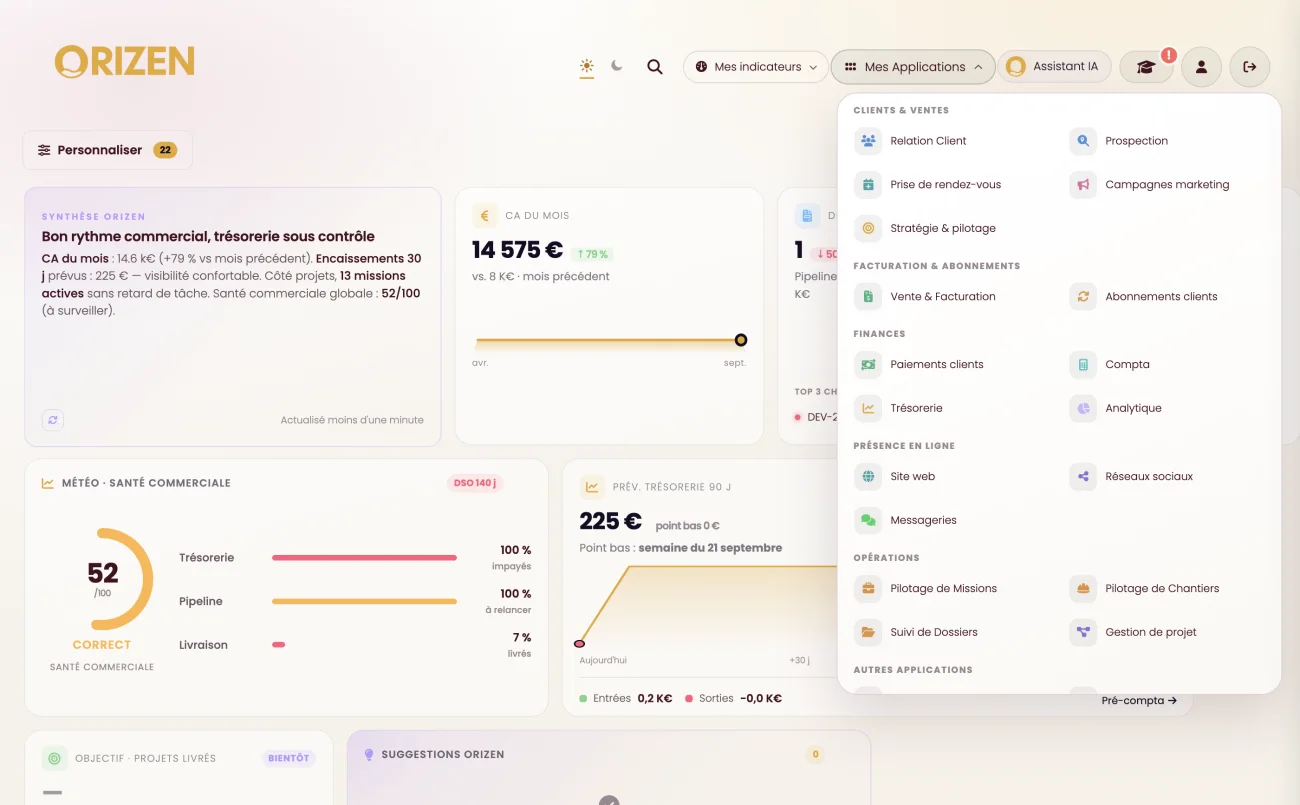 Le tableau de bord d’Orizen en thème clair, menu « Mes Applications » ouvert sur les familles de modules