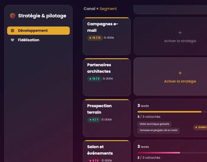 La grille Stratégie et pilotage dans l’application web Orizen